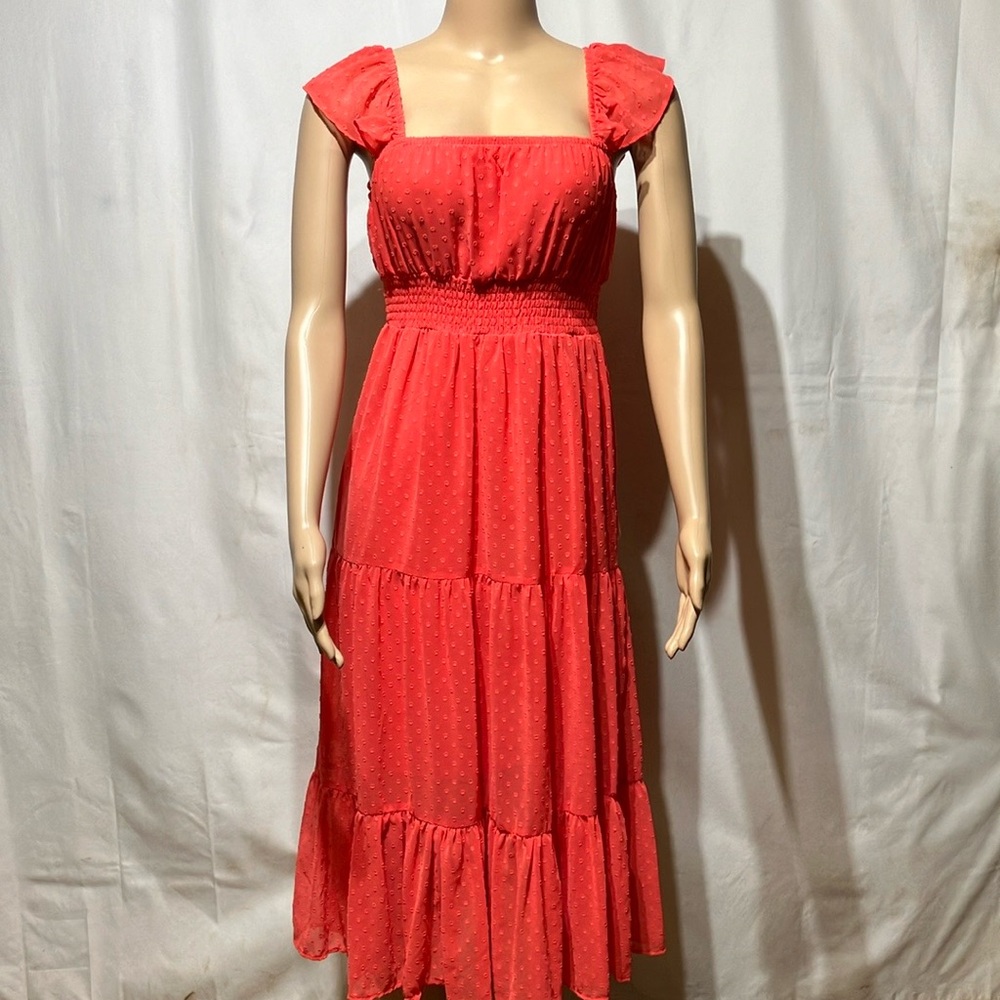 Rewind Orange Red Tiered Midi Sundress for Cocktail